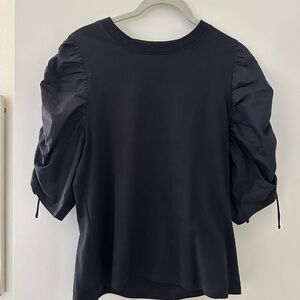 FRAME navy mixed media cotton touched puff sleeve top